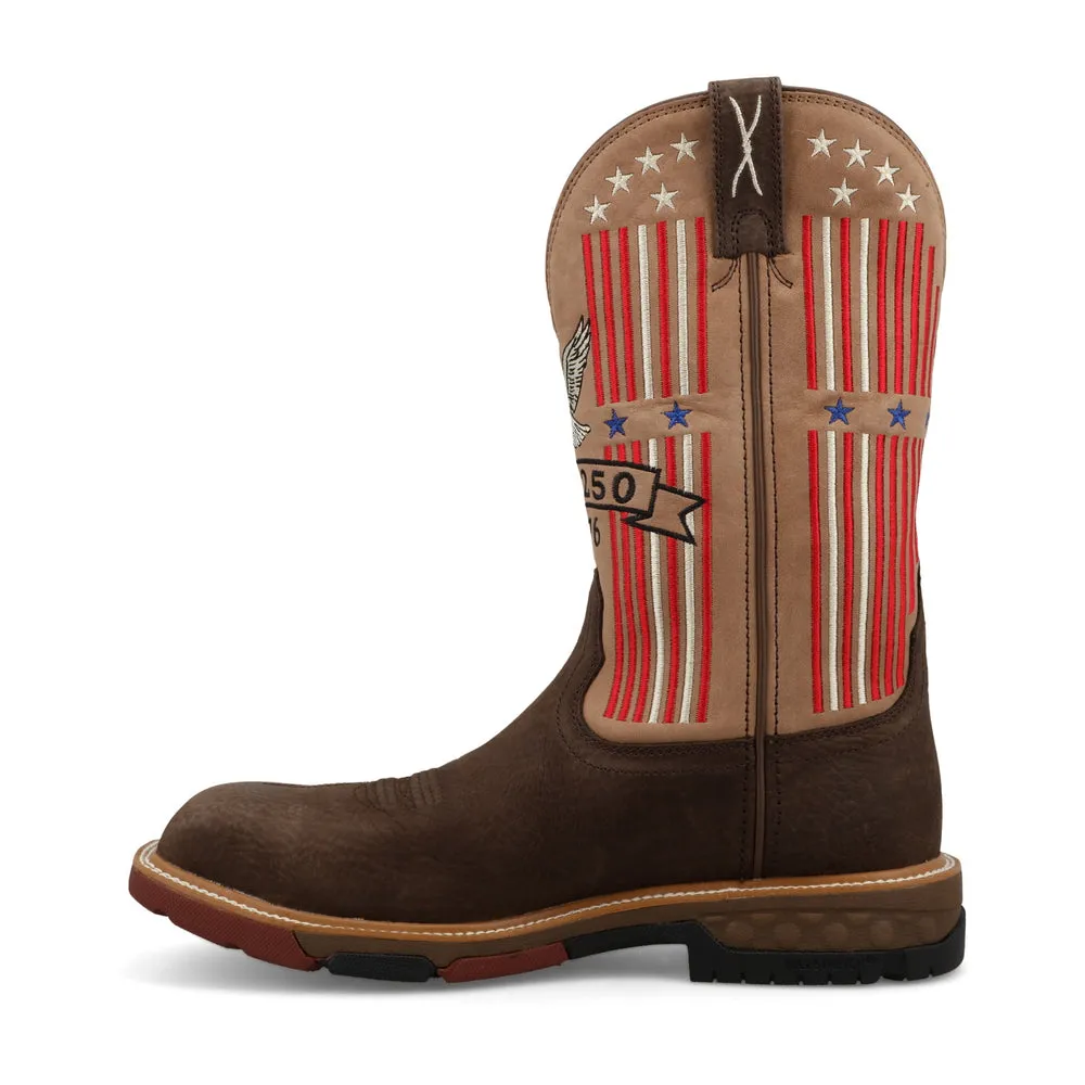 Twisted X 12″ Western Work Boot Dark Chocolate, Tannin, / Red, White, / Blue