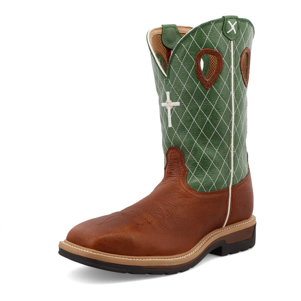 Twisted X 12″ Western Work Boot Cognac Glazed Pebble / Lime
